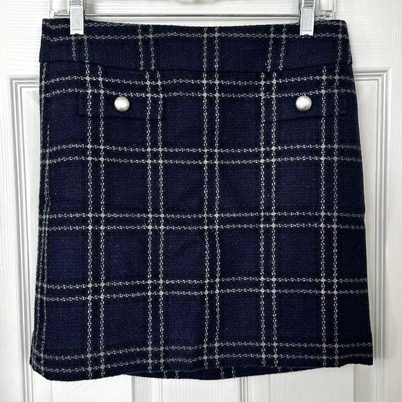 Ann Taylor Loft Tweed Navy Blue Plaid Mini Skirt Size 2 A Line Office Preppy - Picture 2 of 8